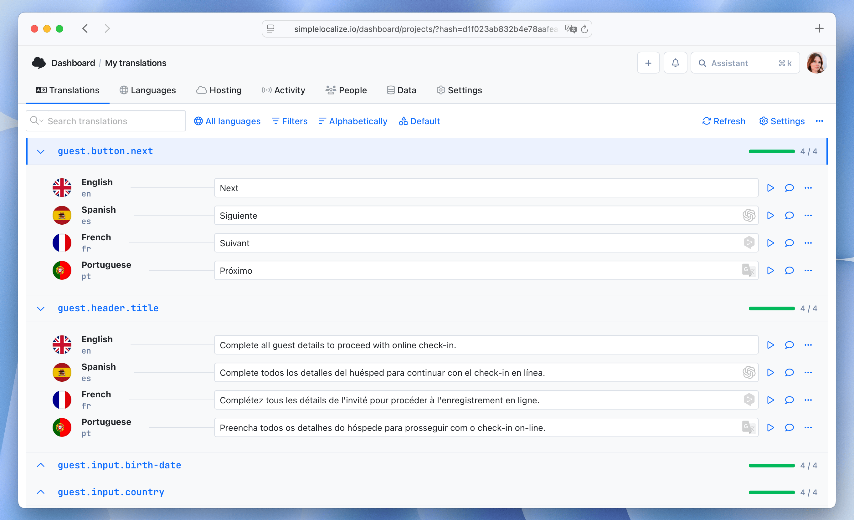 Example of auto translated texts in SimpleLocalize editor