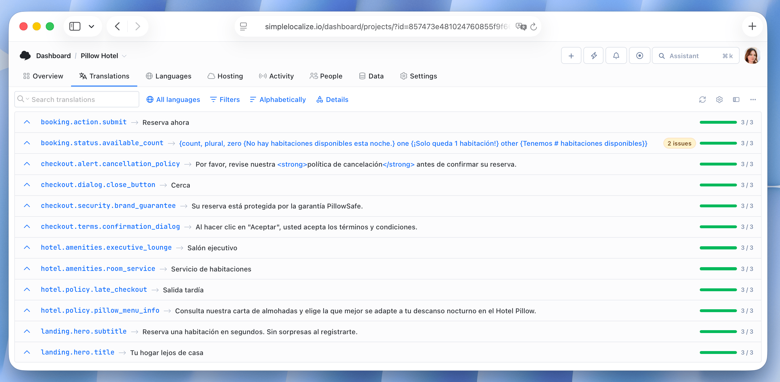Google Translate auto-translation results in SimpleLocalize | Spanish