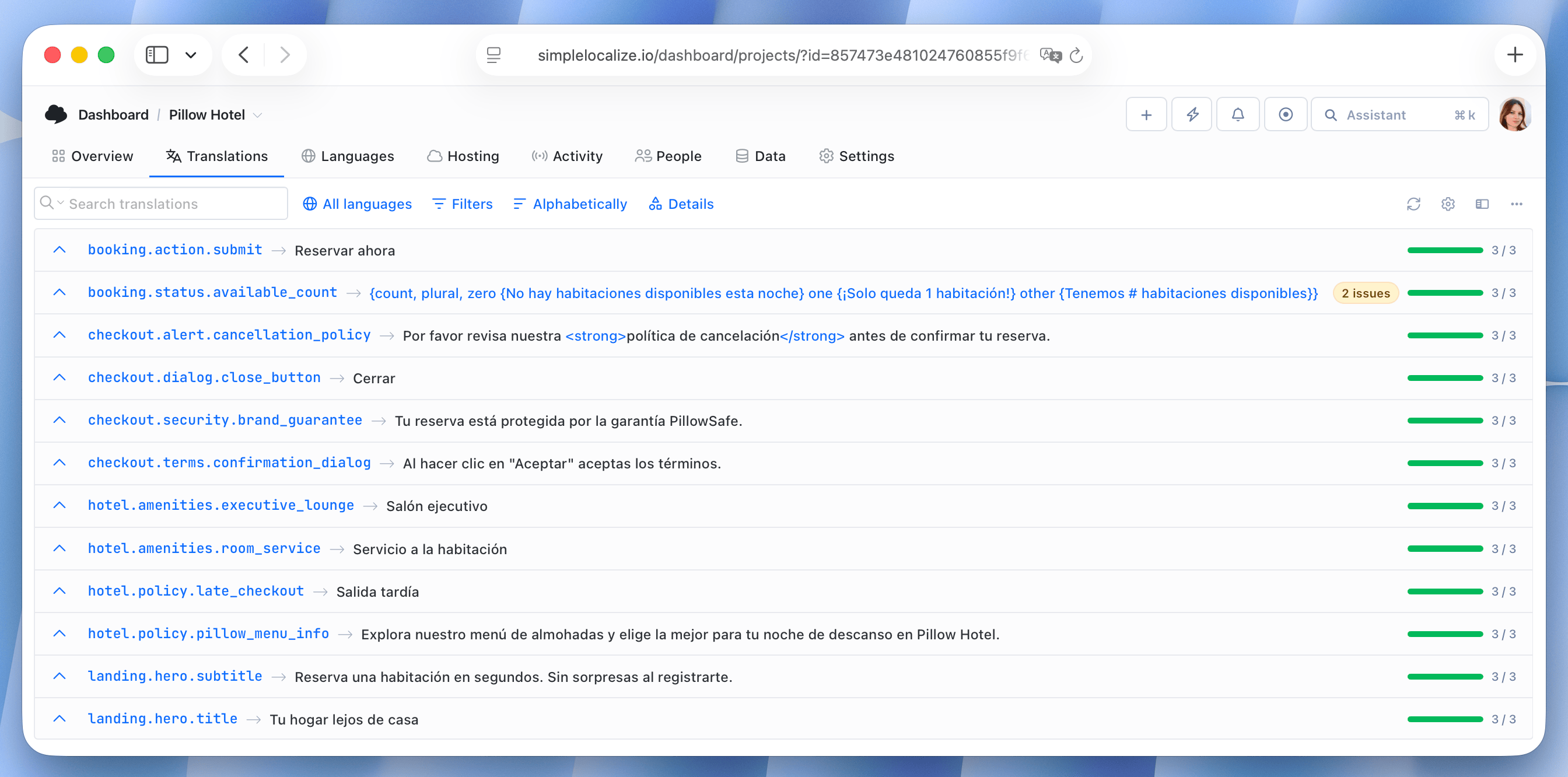 OpenAI auto-translation results in SimpleLocalize | Spanish