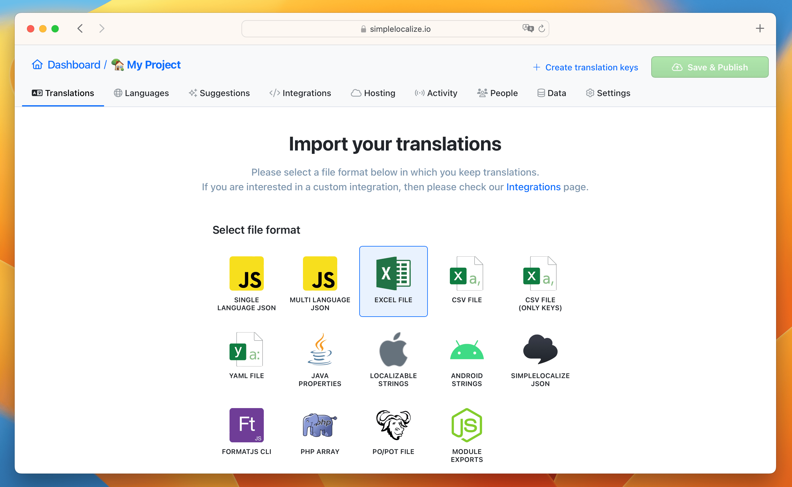 view of uploading translation files