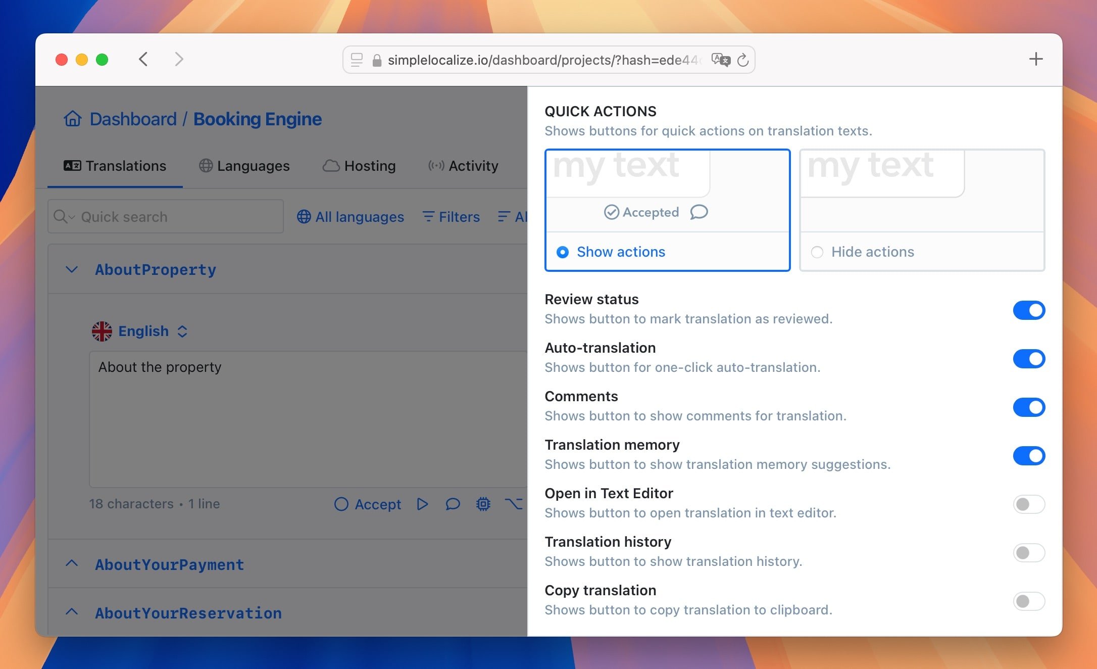Translation memory in quick actions