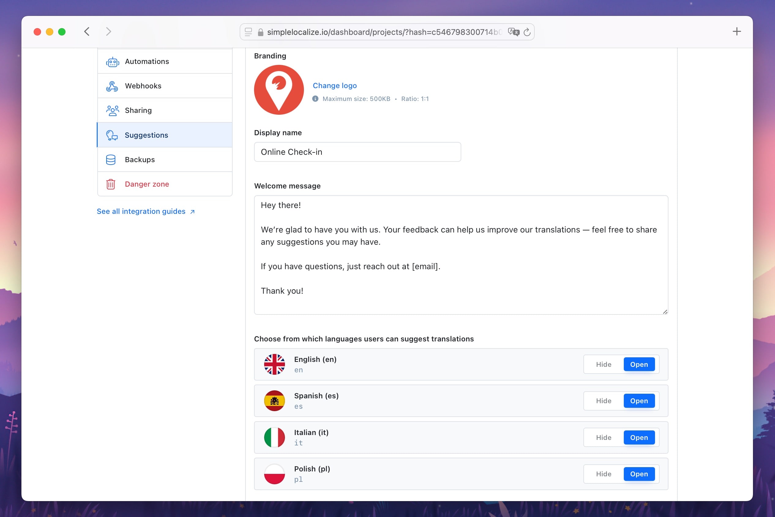 Suggestions settings
