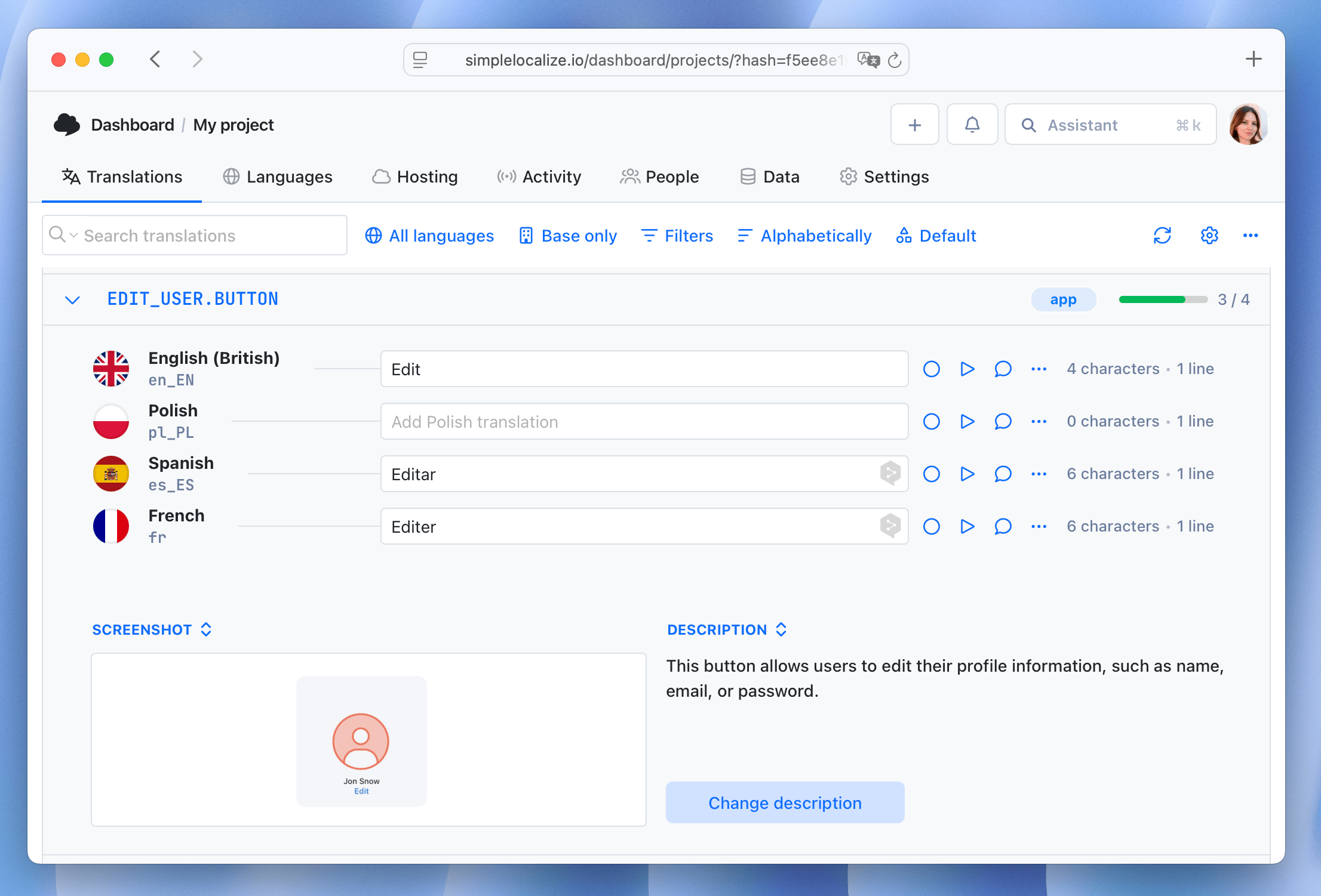 Translation key screenshot and description context in SimpleLocalize