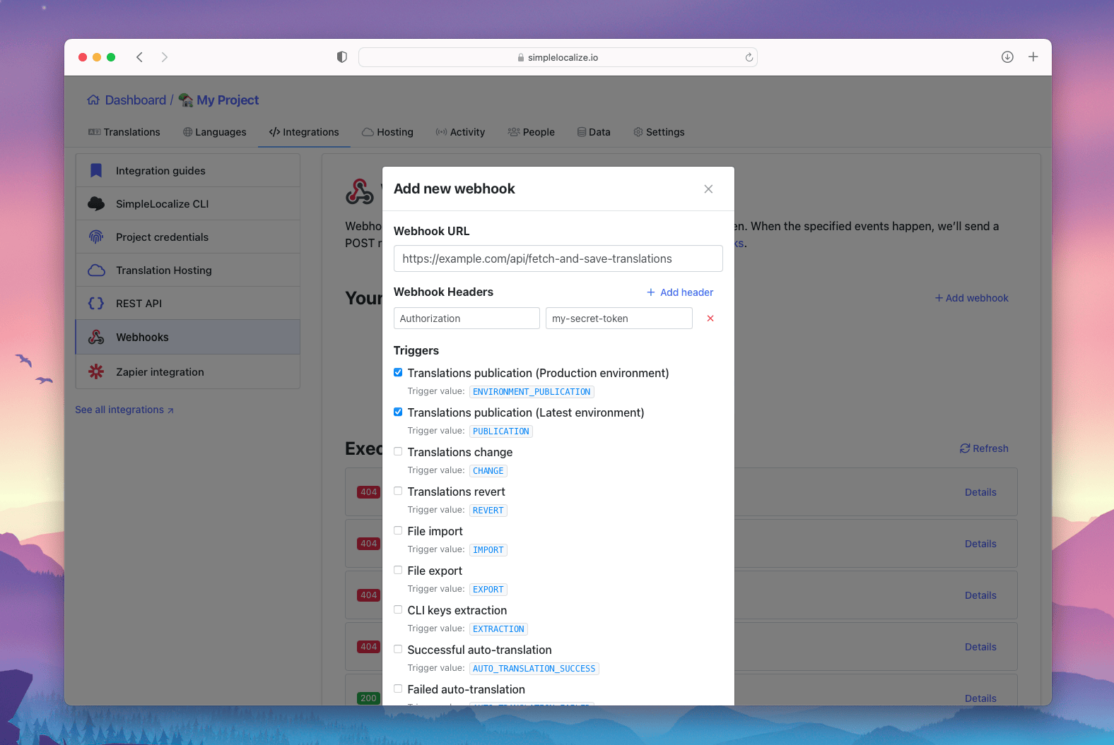 Webhooks sample setup
