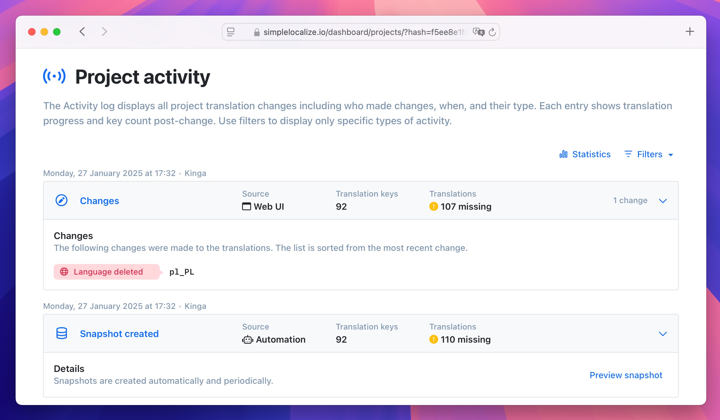 Snapshots in Activity tab