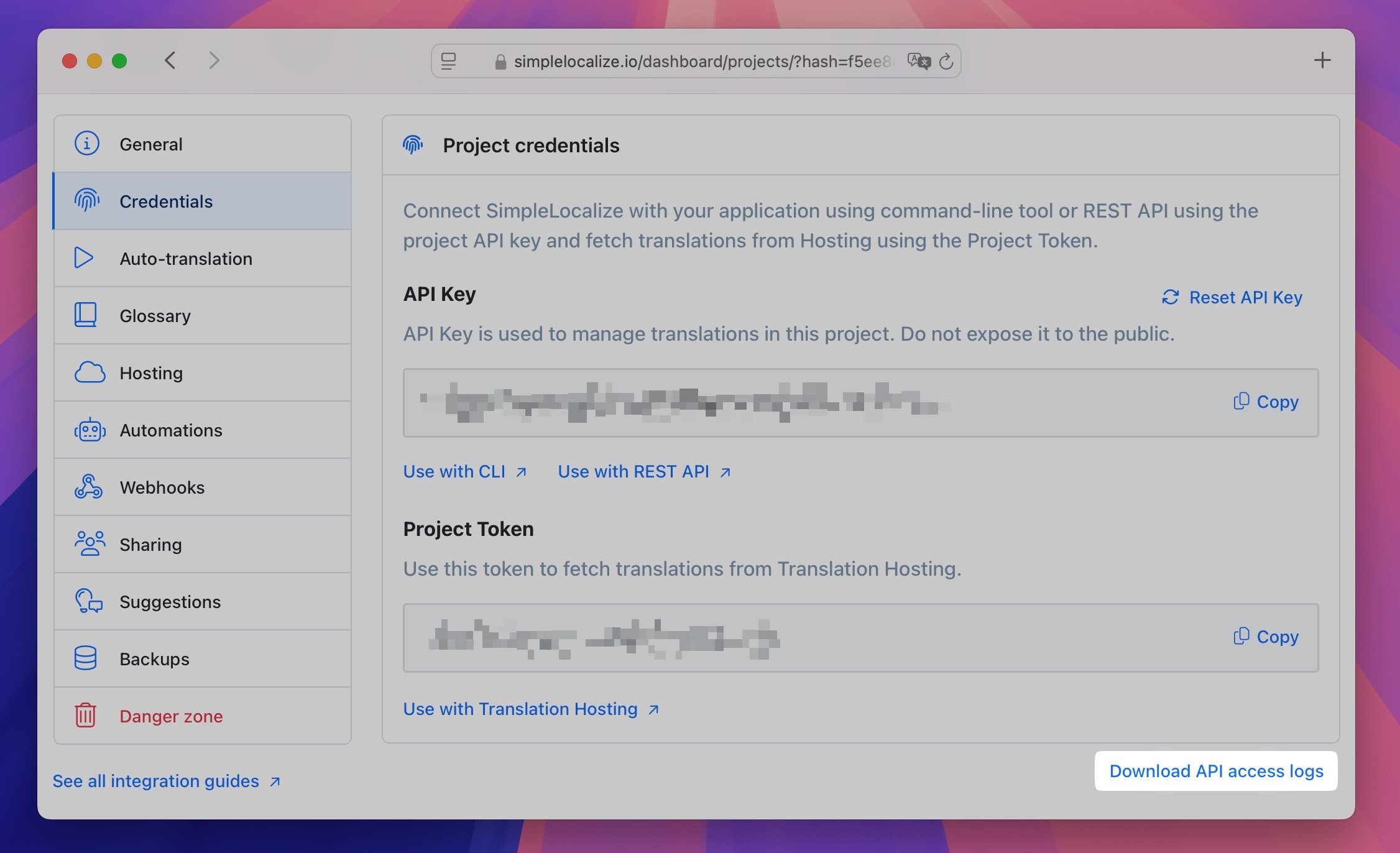 SimpleLocalize: API access logs