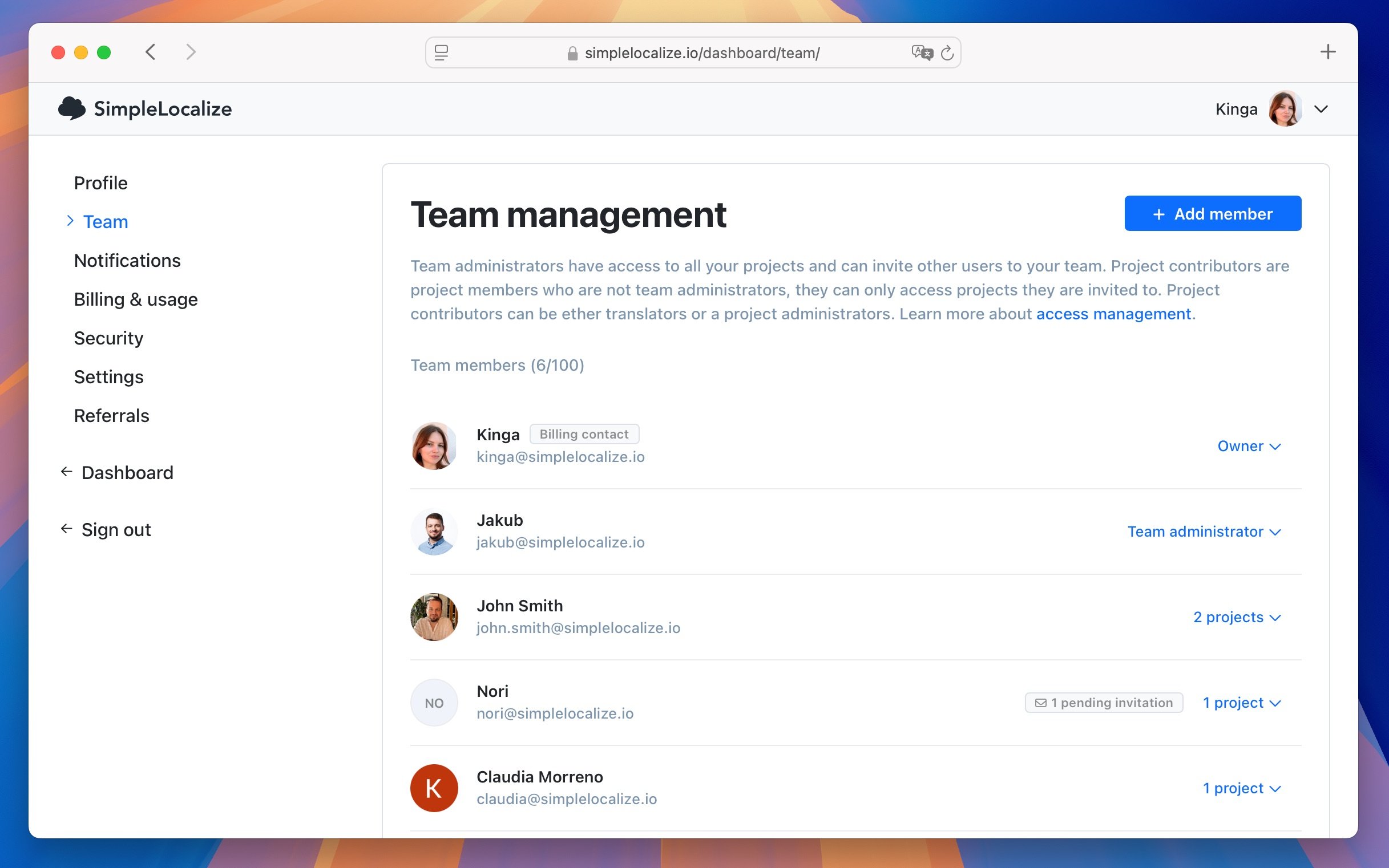 Team management section