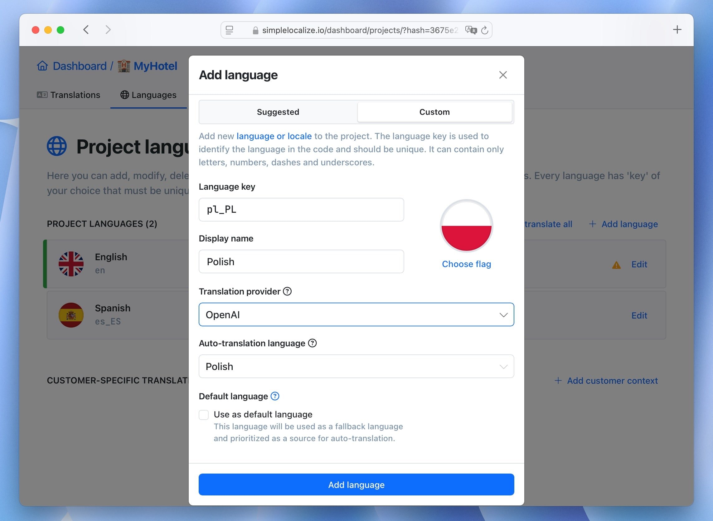 SimpleLocalize: add language form