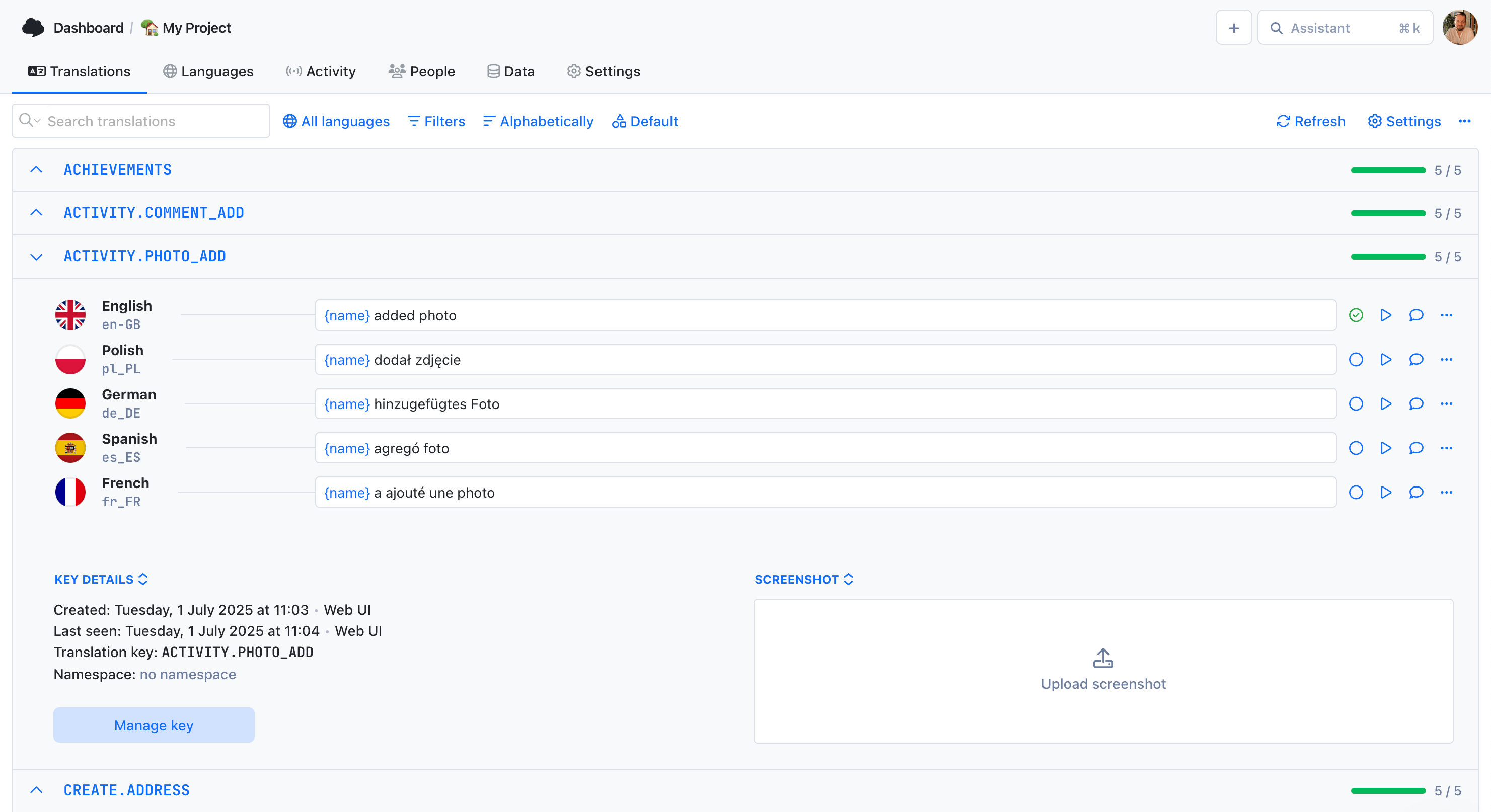 SimpleLocalize translation editor in list-view view