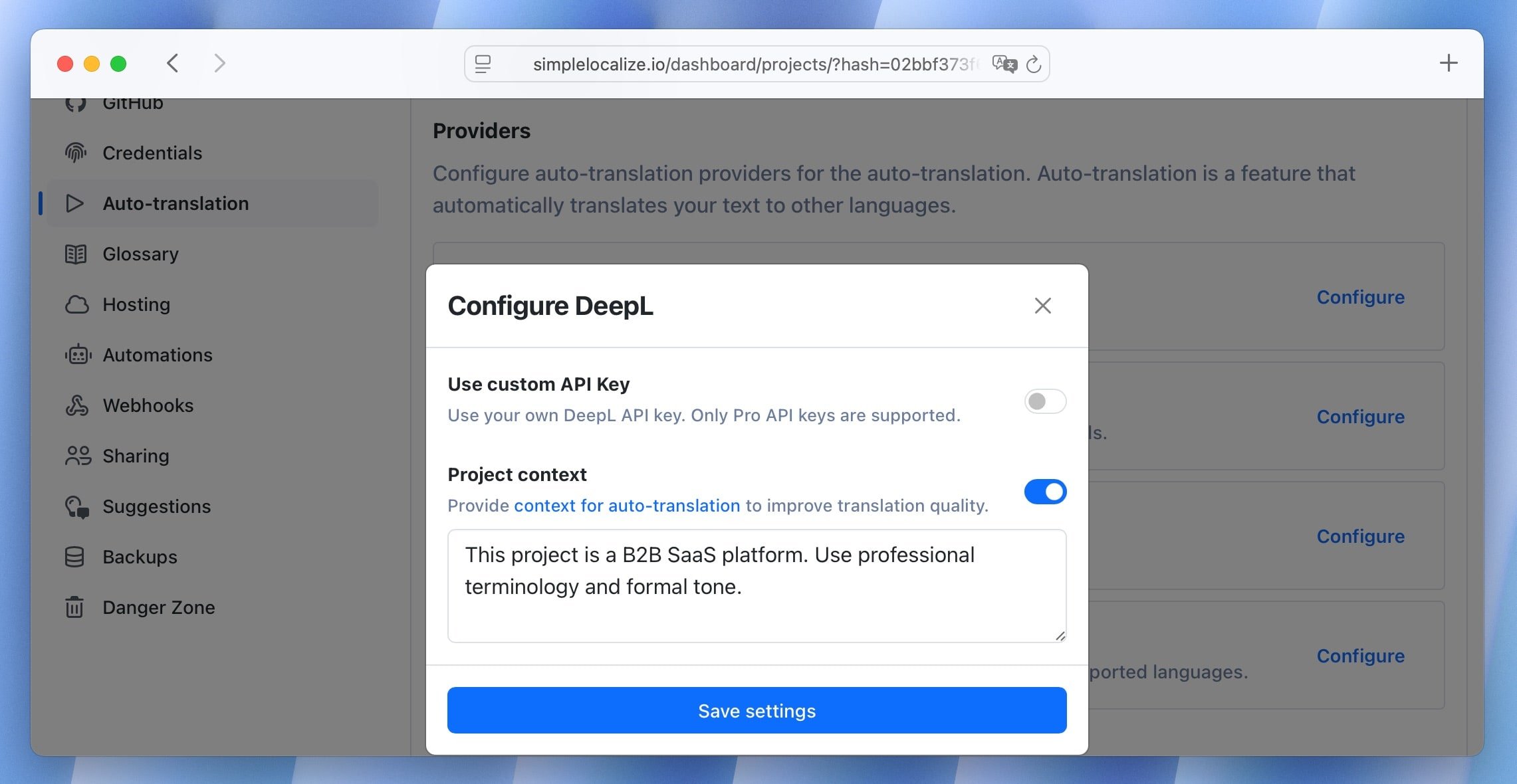 Auto-translation settings with project context
