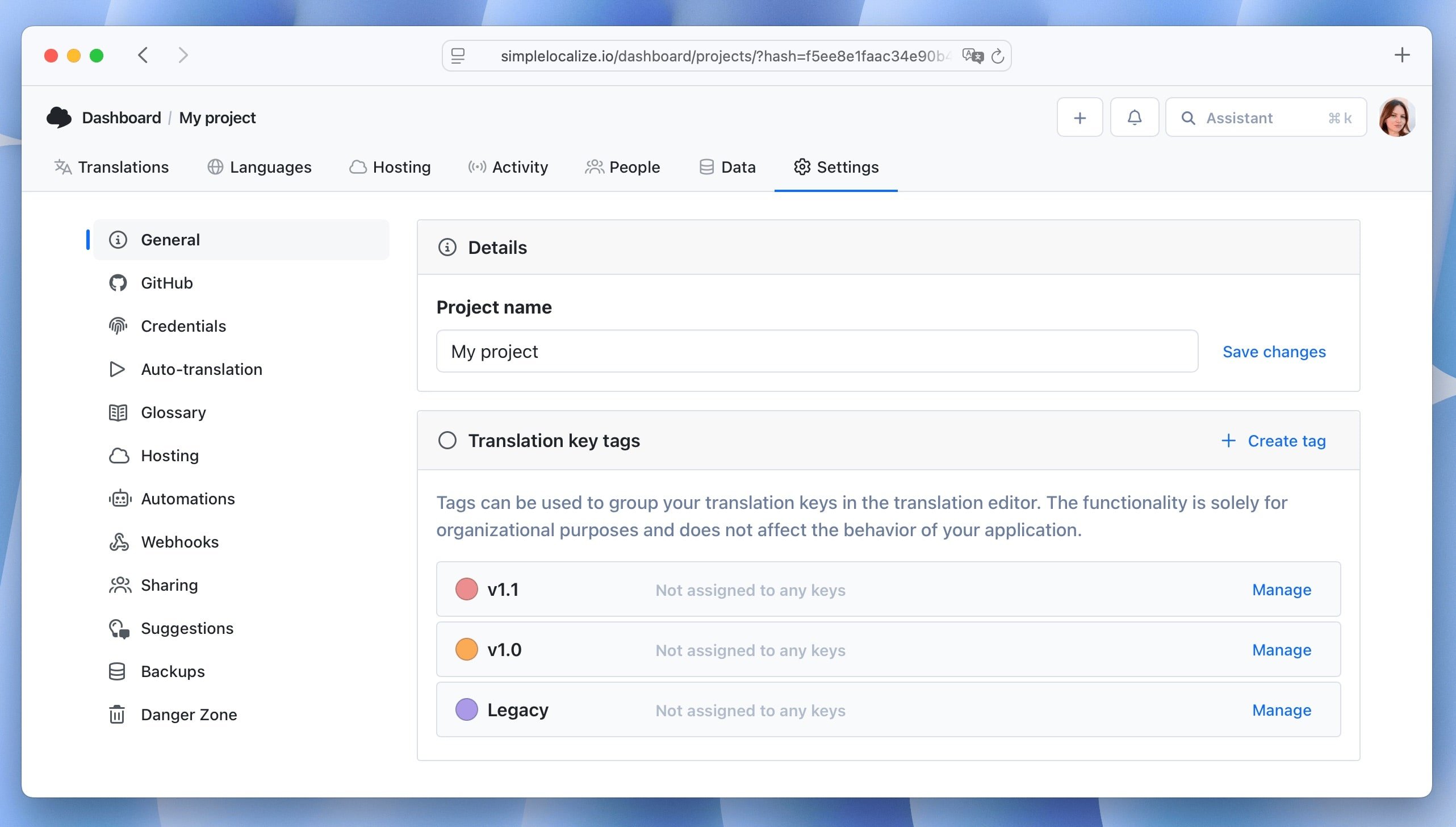 Create version tags in project settings