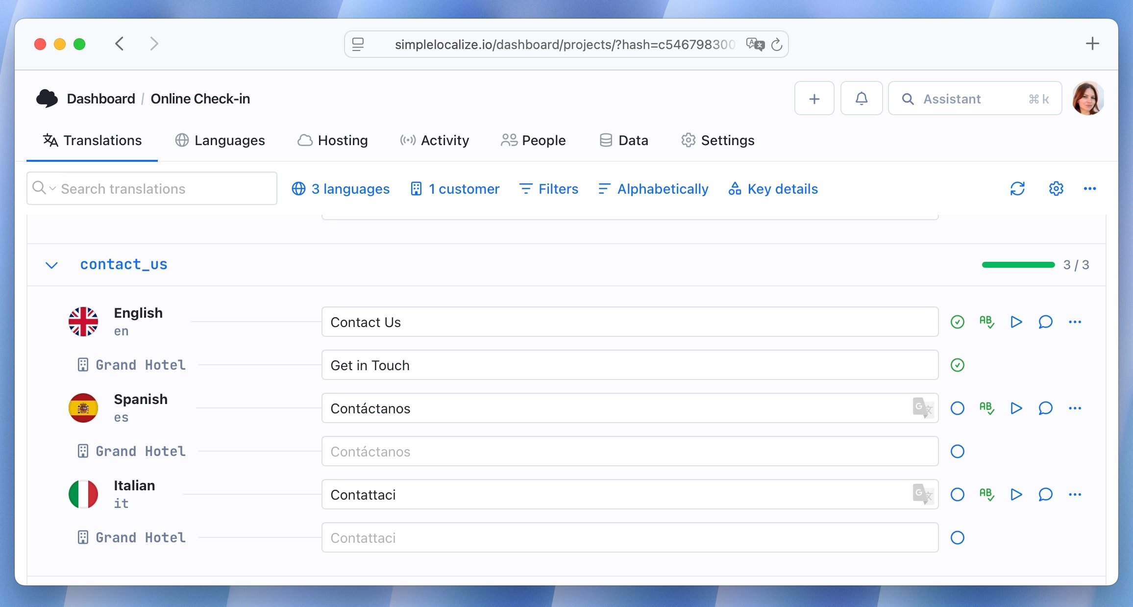 Customer translation with review status