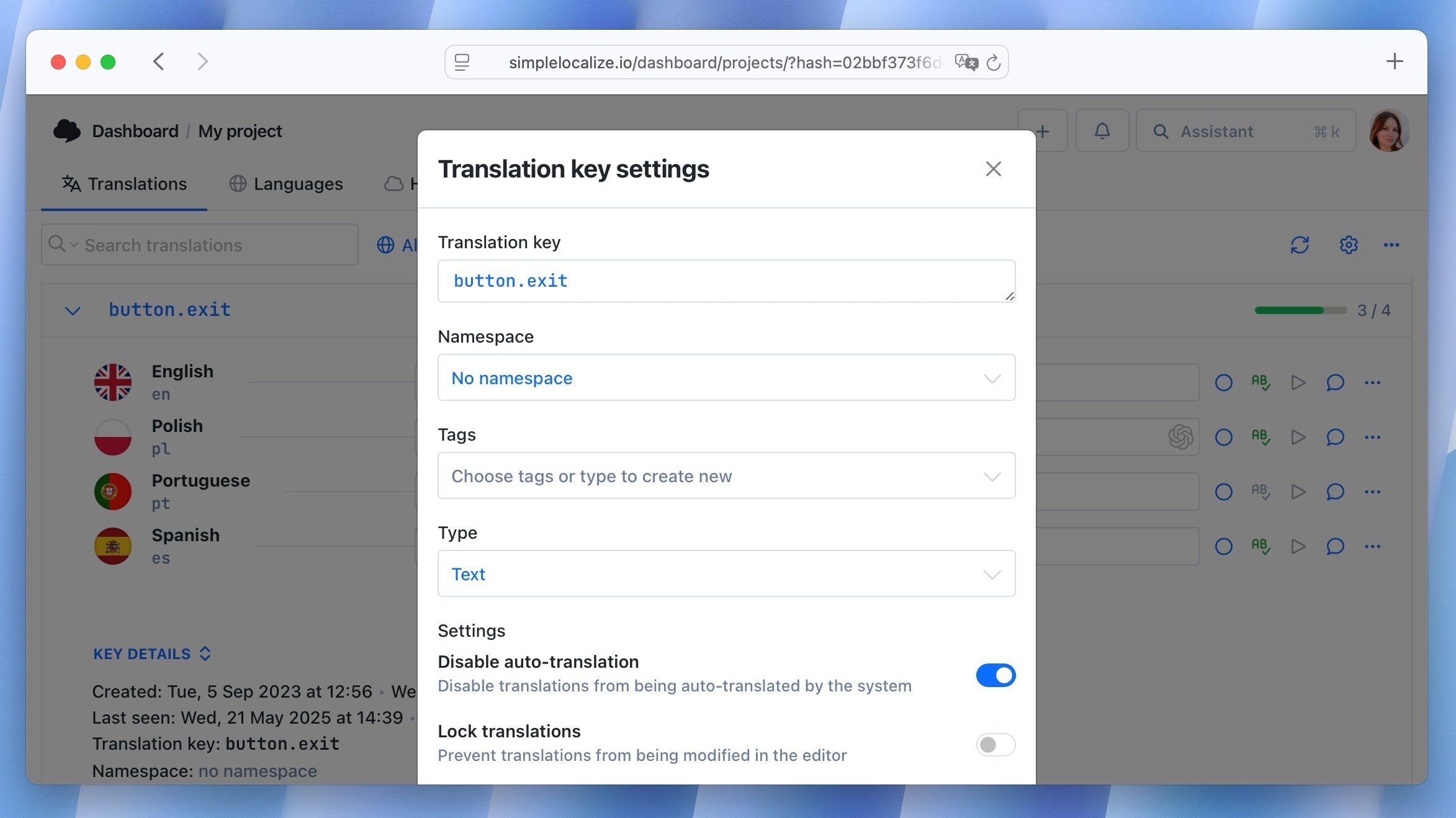 Disable auto-translation for specific key