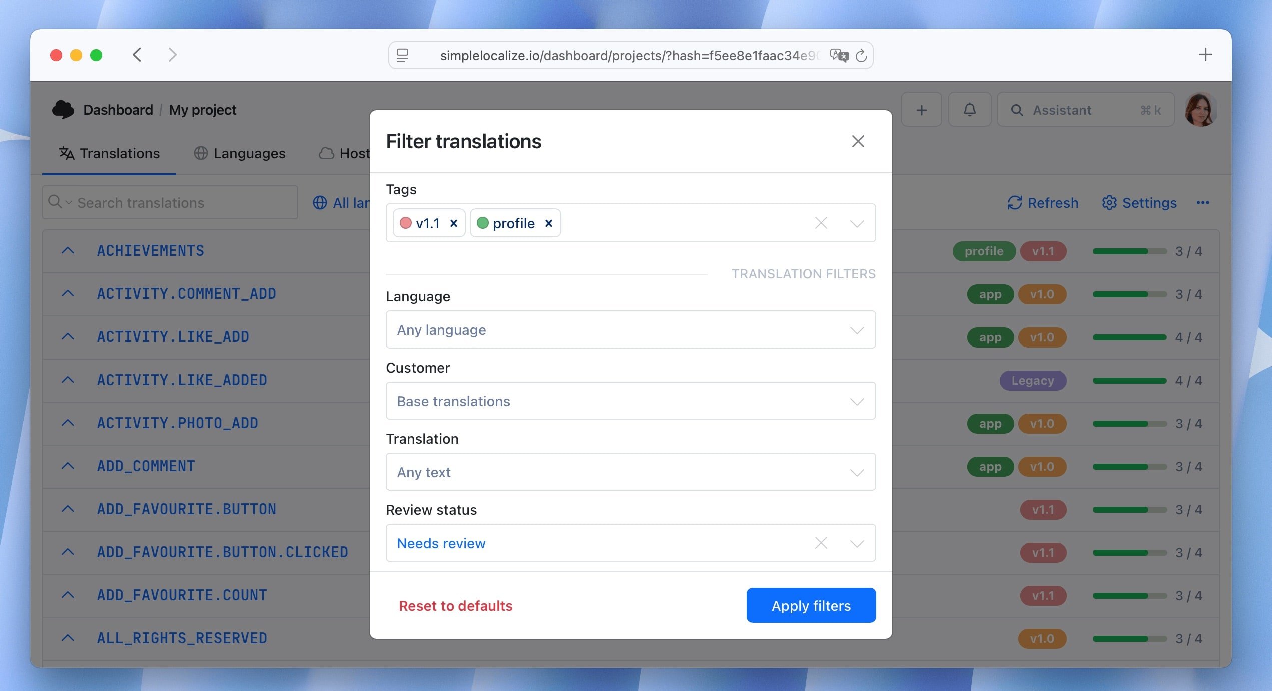 Filter translations by tags