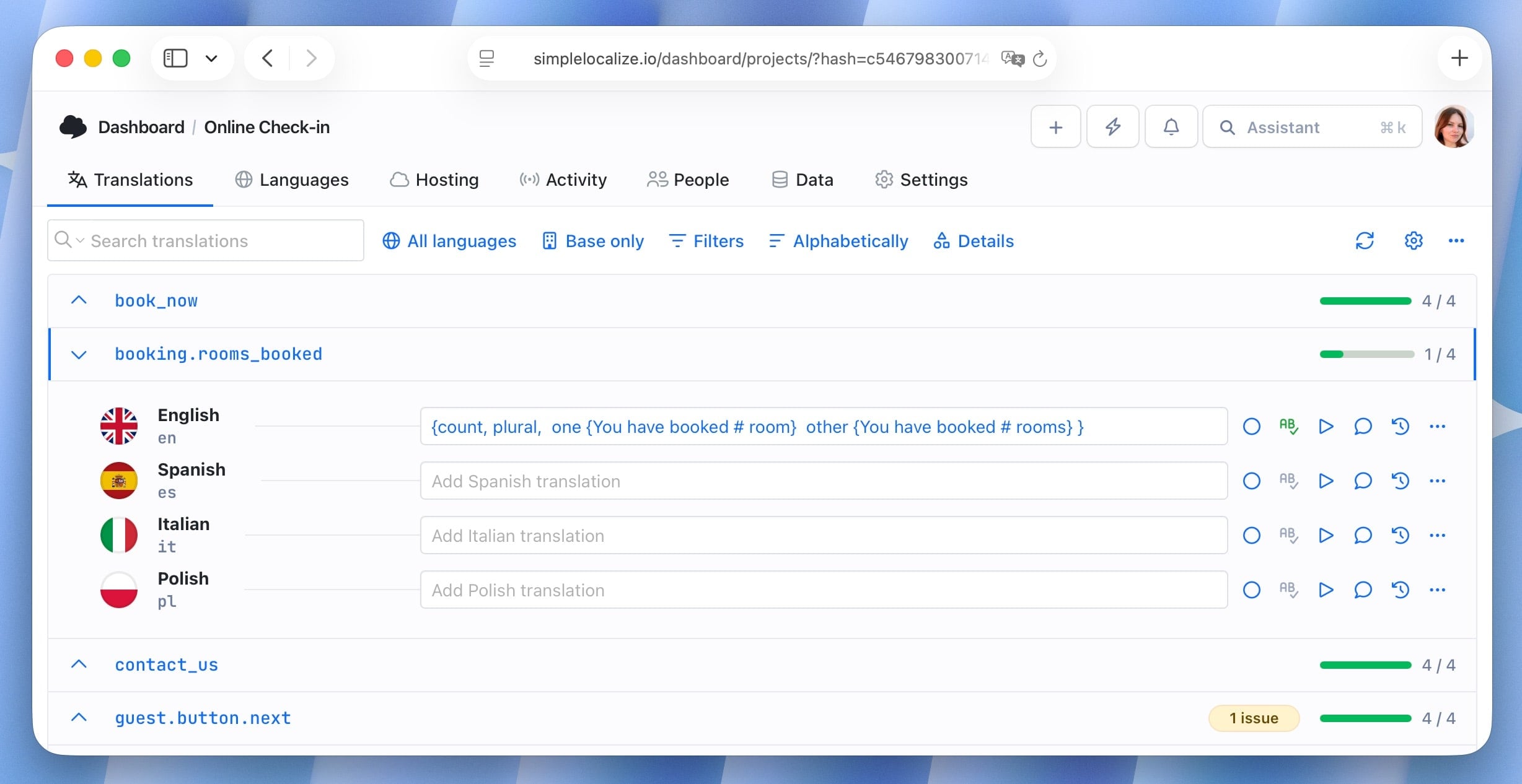 SimpleLocalize pluralization example