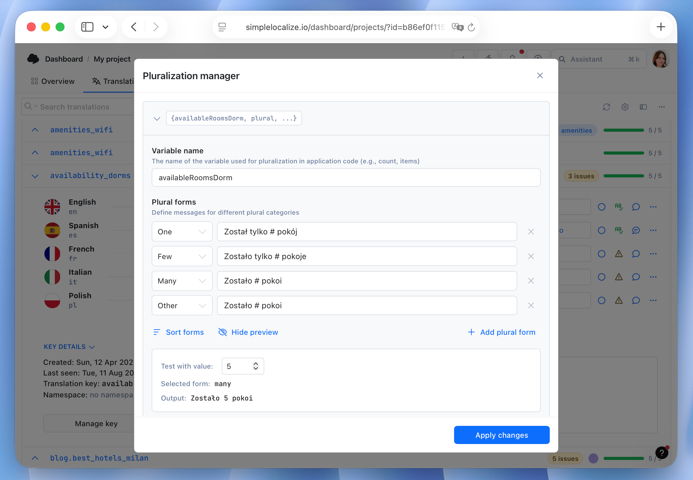 Pluralization manager in SimpleLocalize