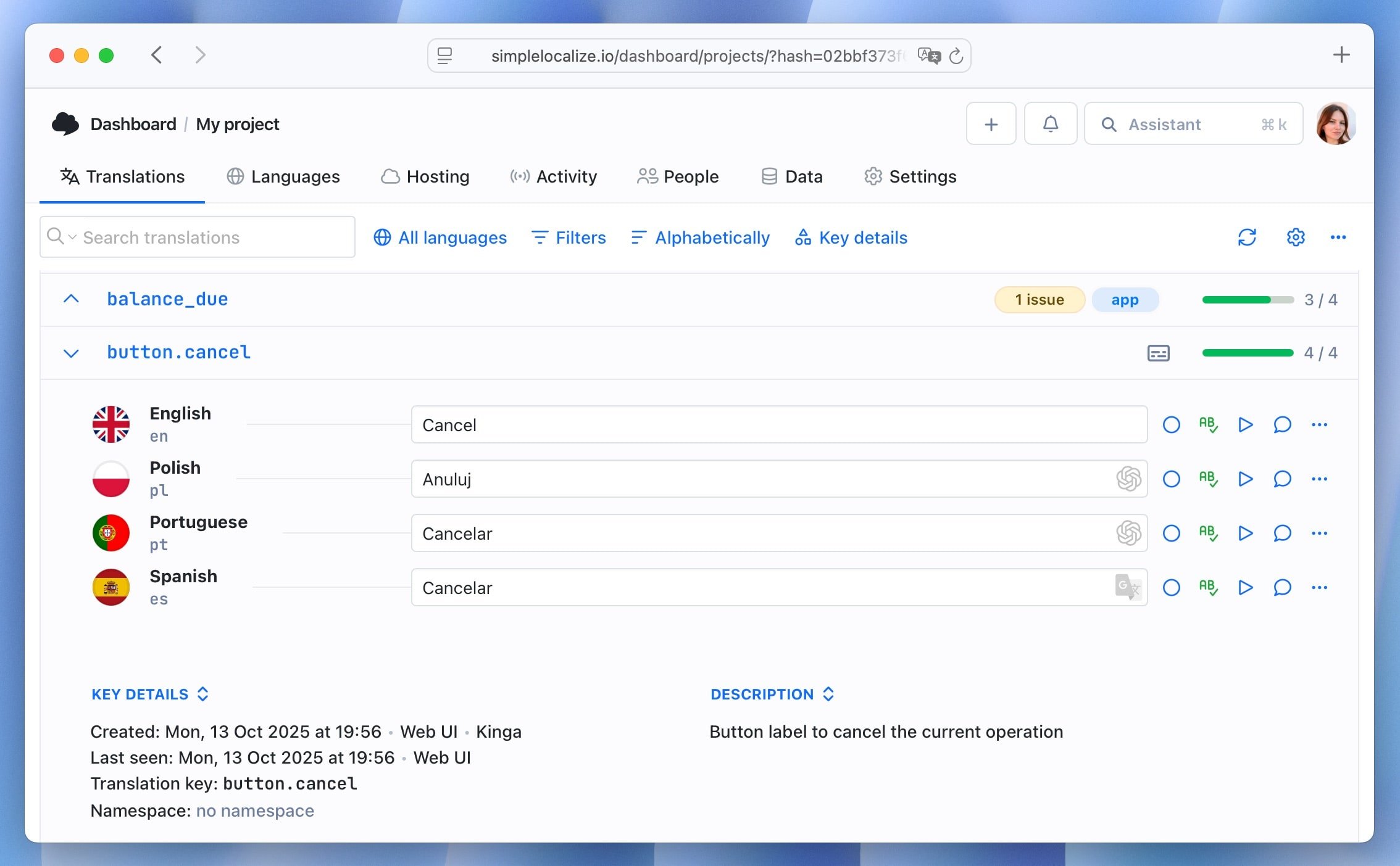 Translation key with description