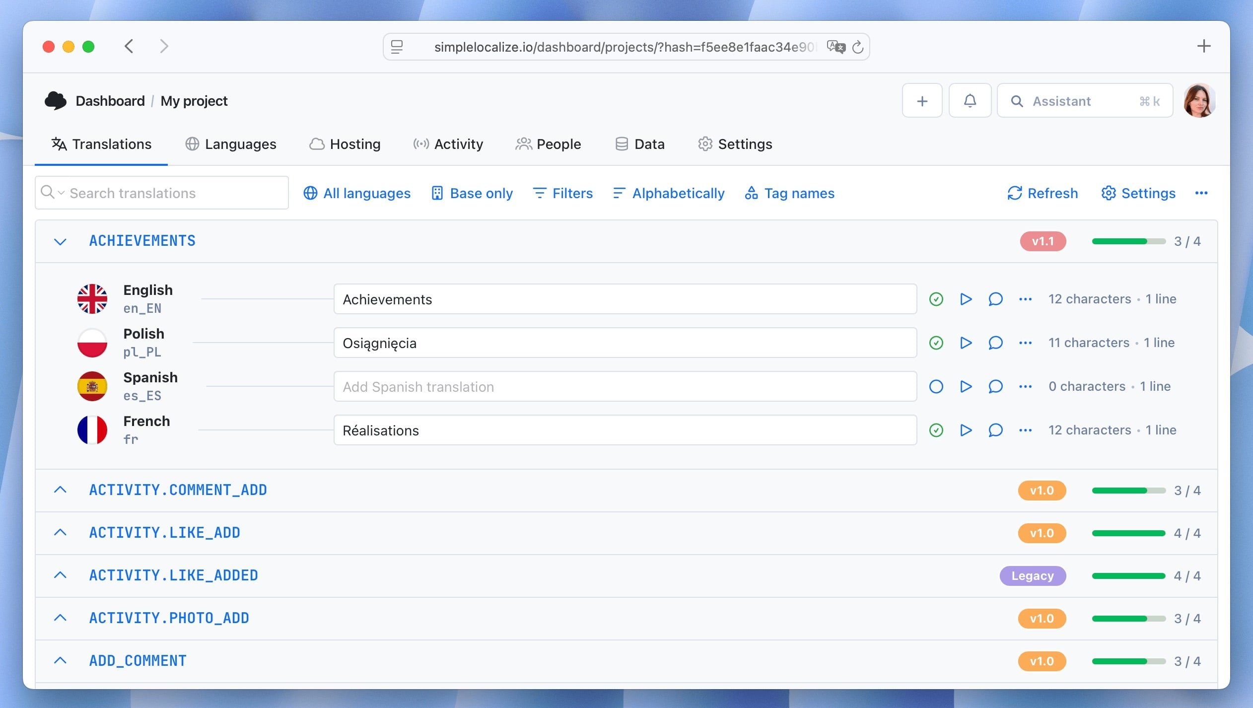 Translation keys with version tags in the editor