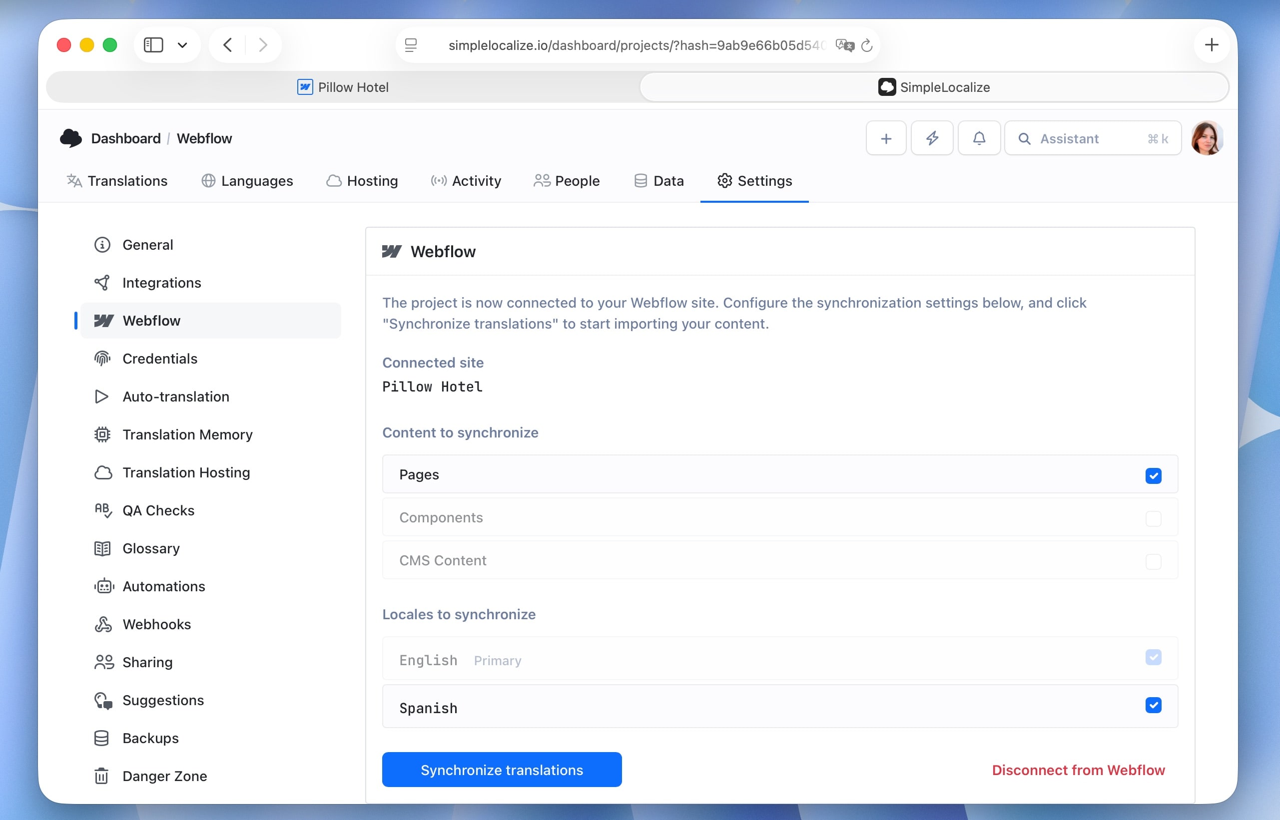 Webflow SimpleLocalize sync settings
