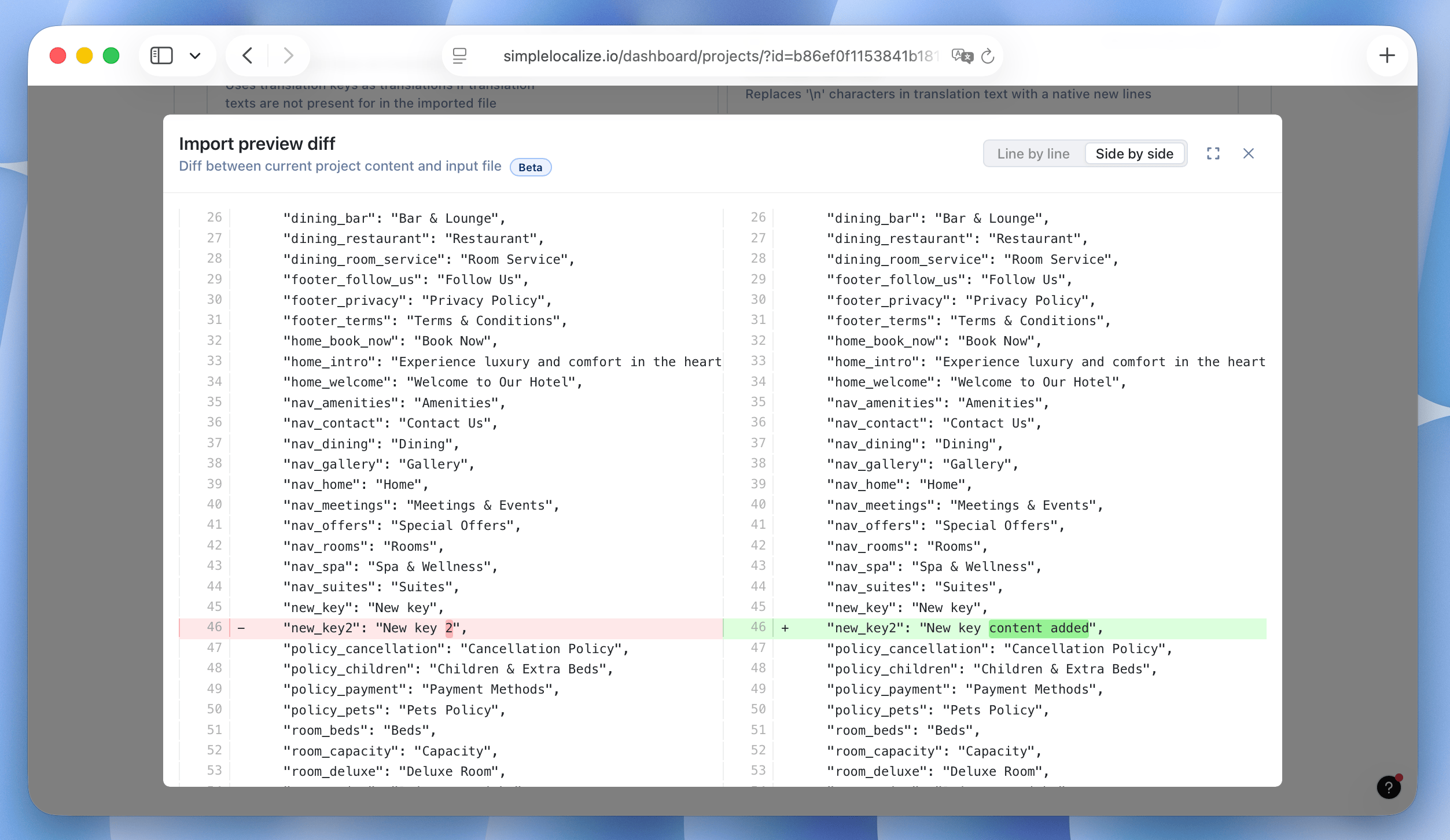 Import preview diff view