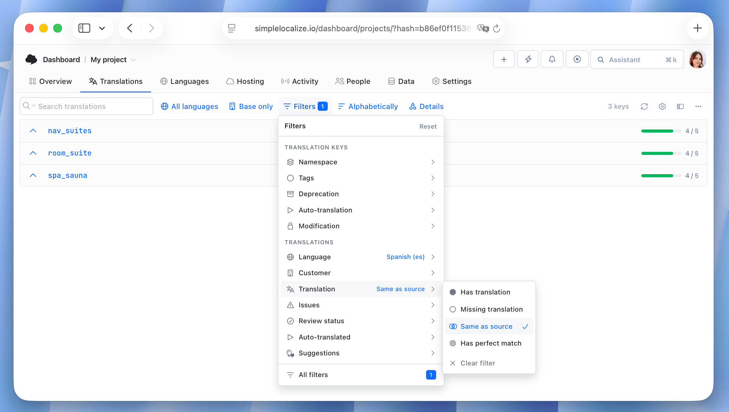 Filters: Translations the same as source