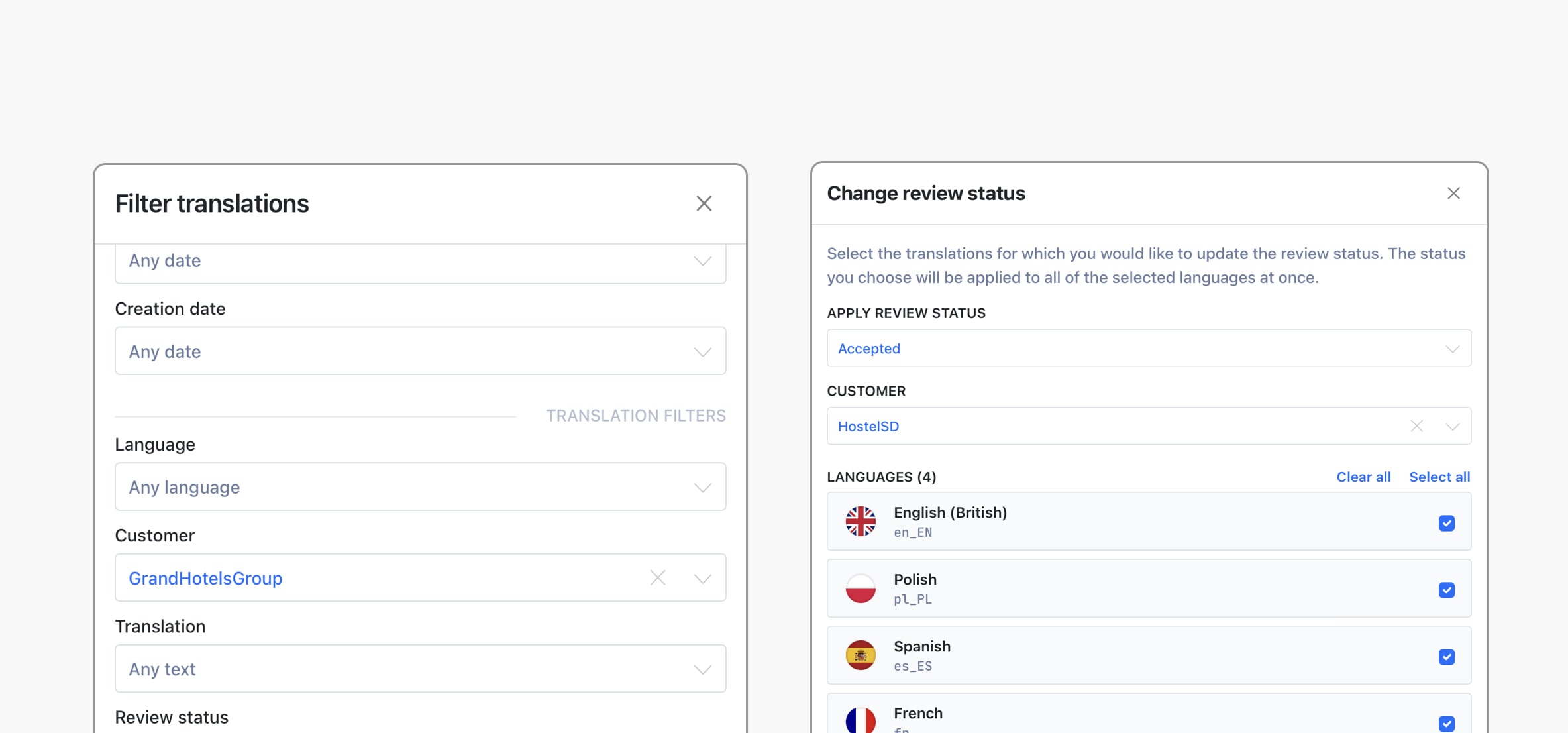 Customer context: customer filter & bulk review status