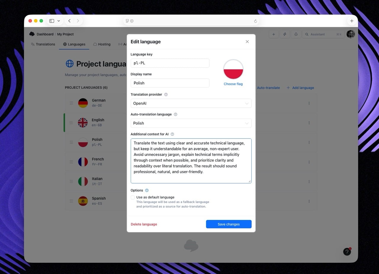 Language, tags and character limit context for AI auto-translations