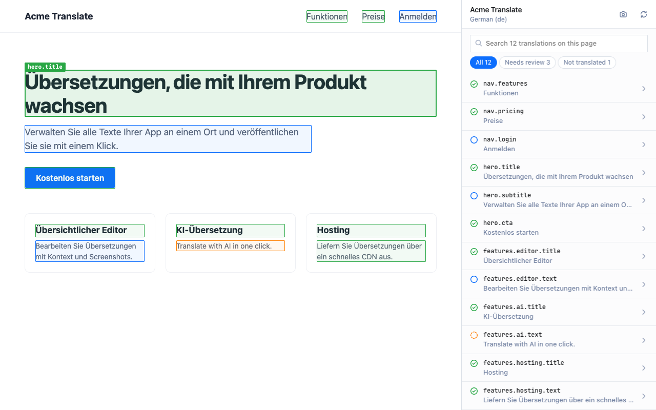 List of translations found on the page, with filters for what needs review