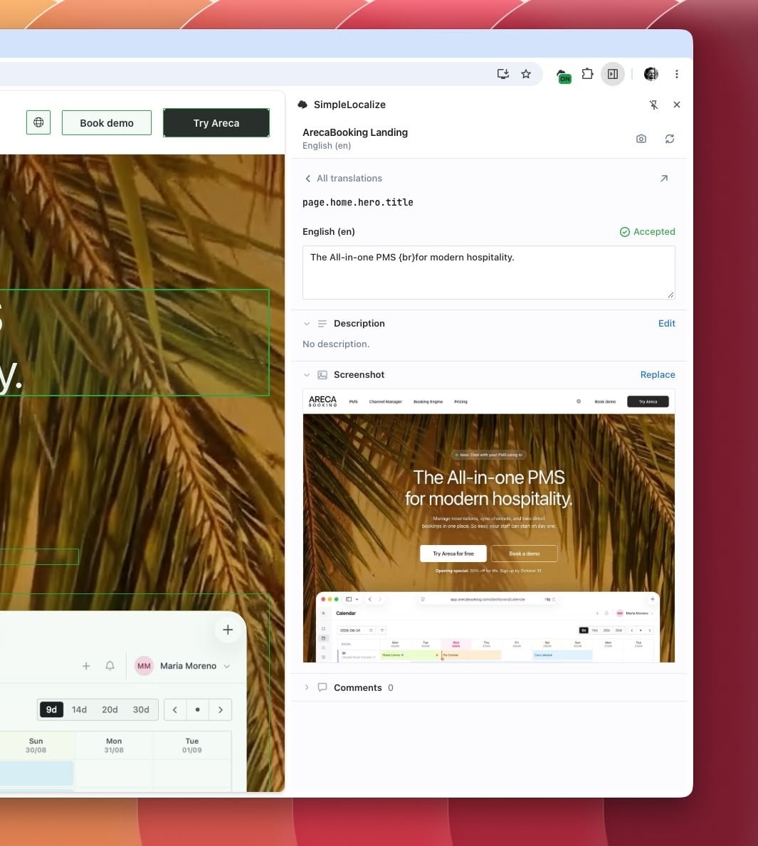 Editing and accepting a translation in the SimpleLocalize side panel