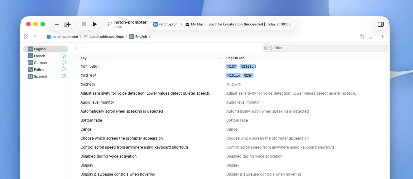 Example Localizable.xcstrings view in Xcode