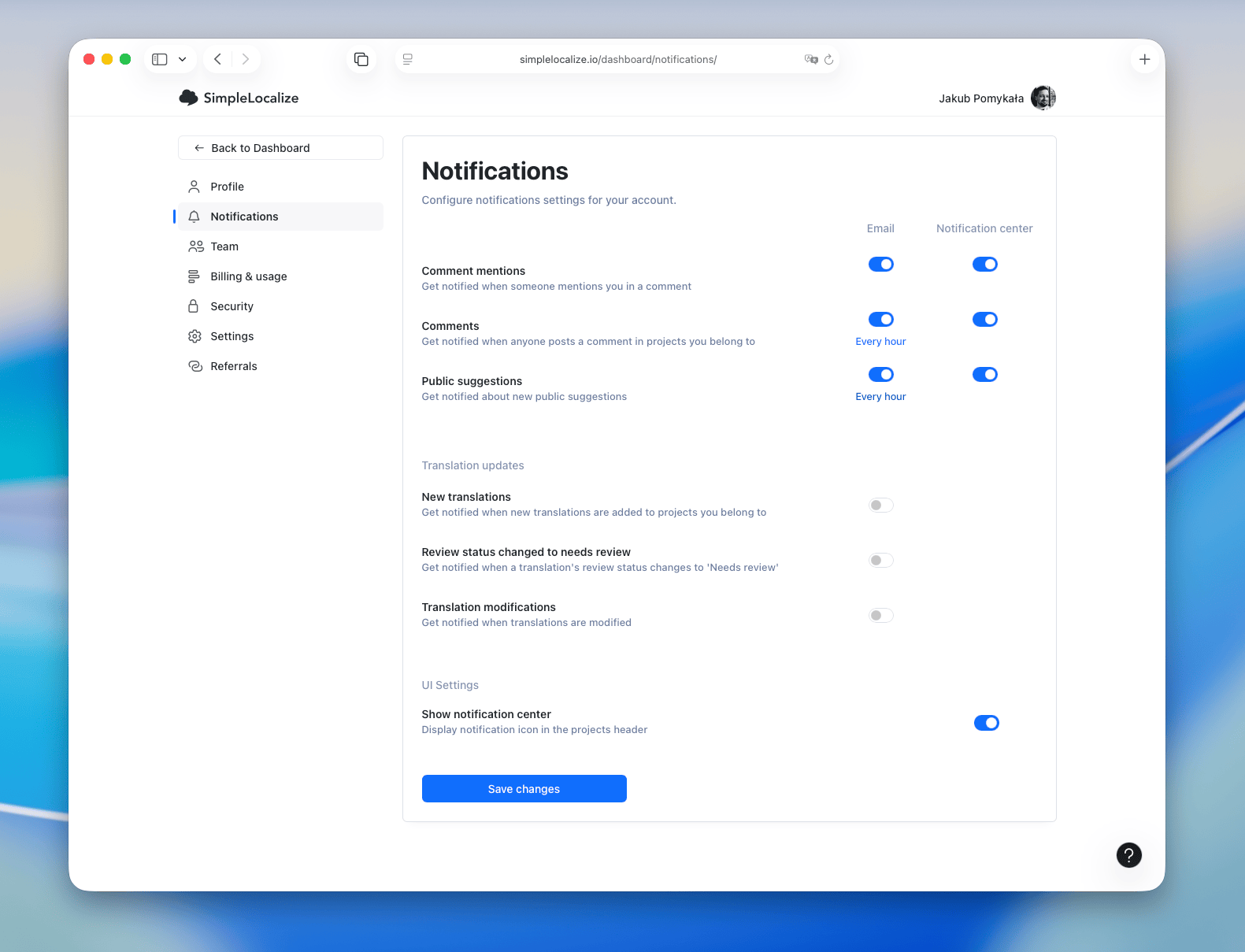 Notifications settings in SimpleLocalize