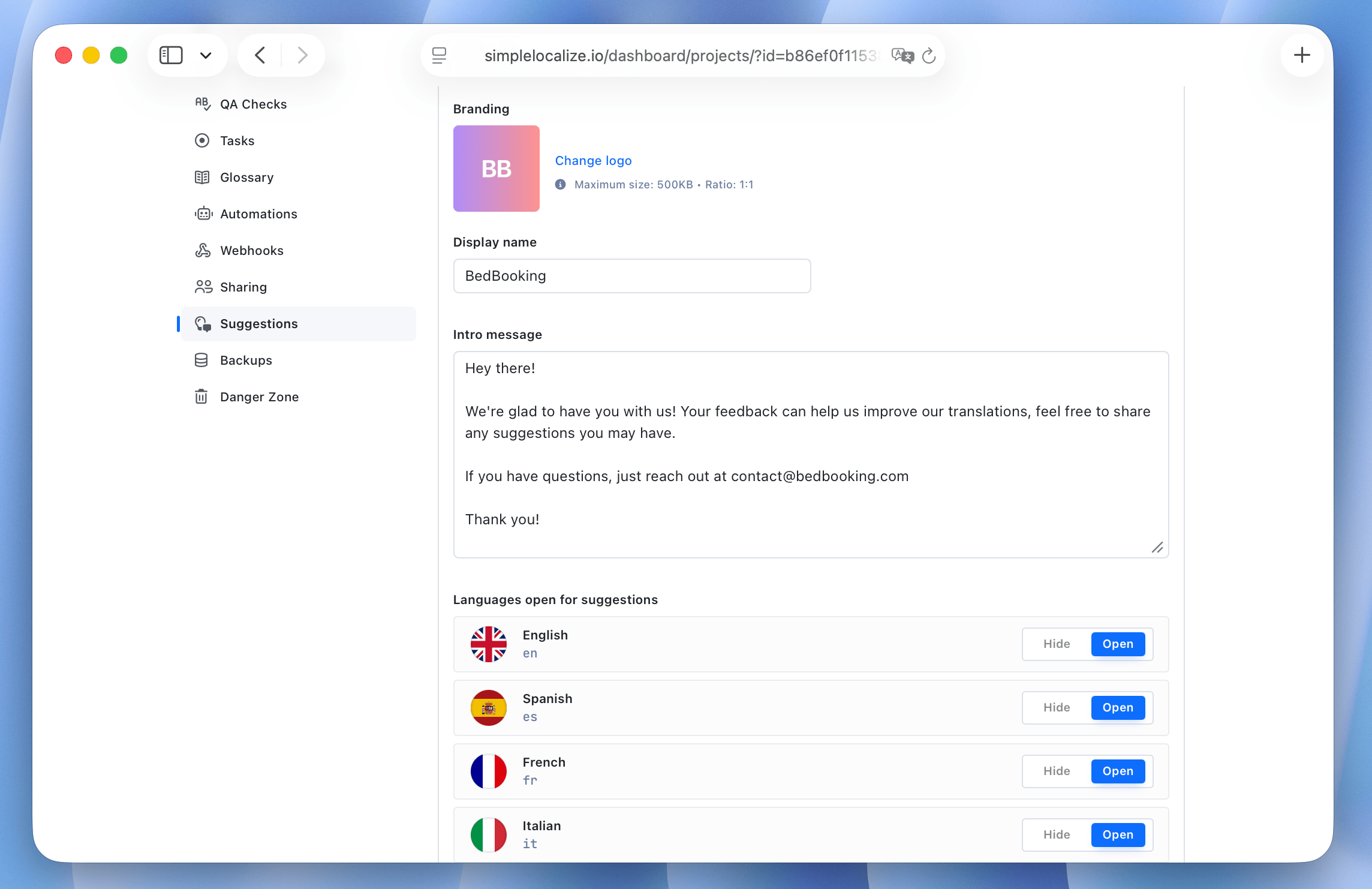 Suggestions settings