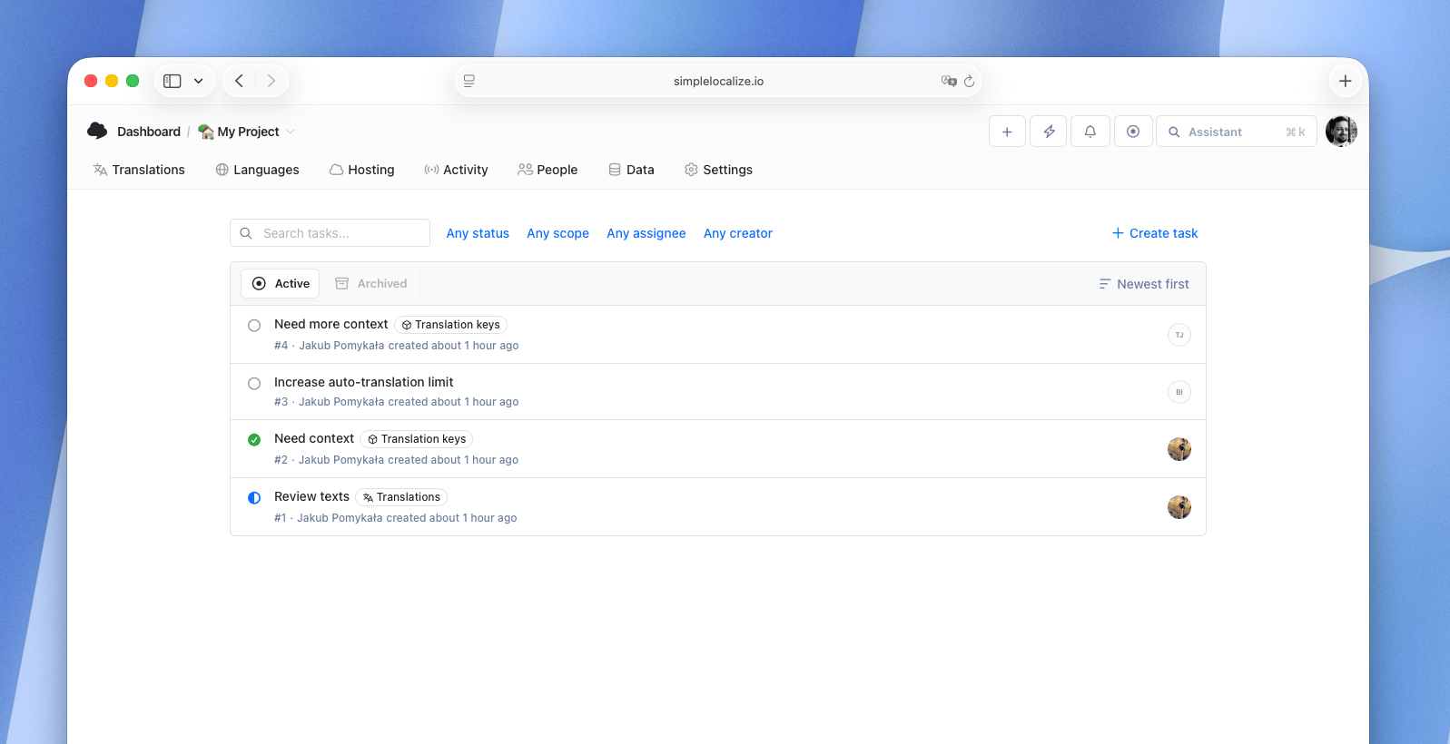 Translation tasks and comments in SimpleLocalize